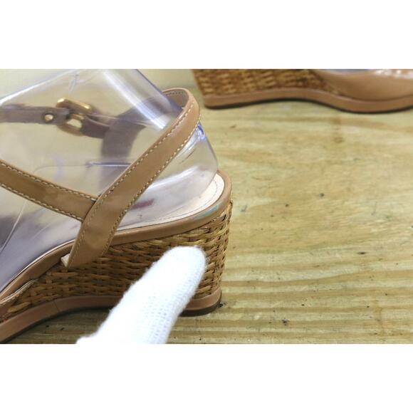 Prada Sandals 39.5 Brown Patent Leather Nude Vernice Wedge Buckle Shoes Italy - Picture 9 of 16